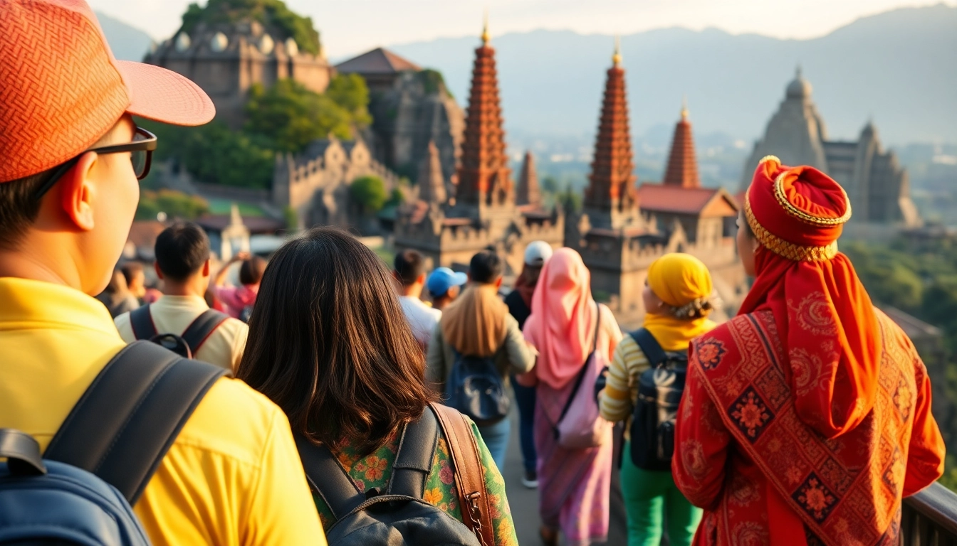 Tourists enjoying a guided tour of Indonesia's scenic attractions with vibrant scenery and cultural elements.