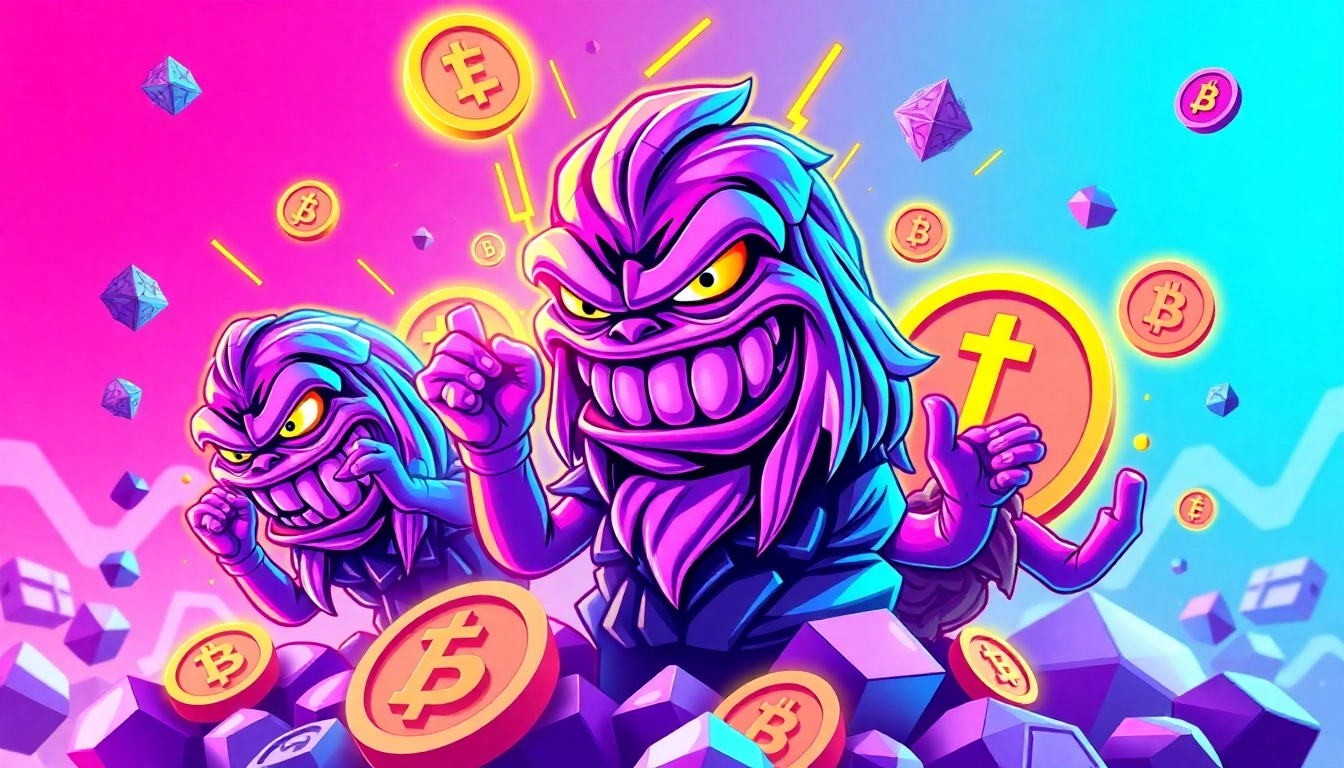 Crypto Meme Coins in vibrant digital scene highlighting community engagement and blockchain action